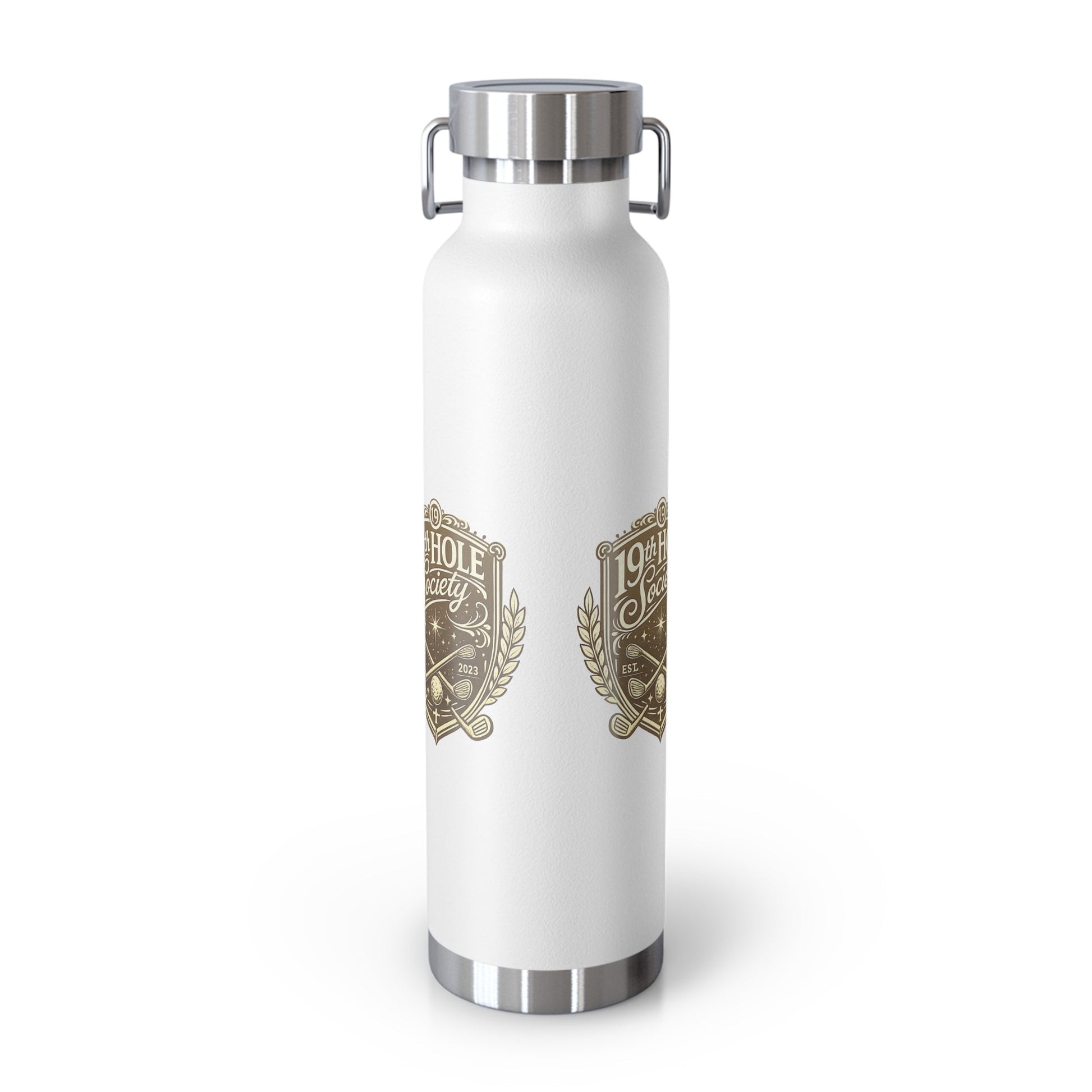 19th Hole Society Insulated Water Bottle | Bronze Crest Golf Flask | Premium Stainless Steel Drinkware - SJM Print Store