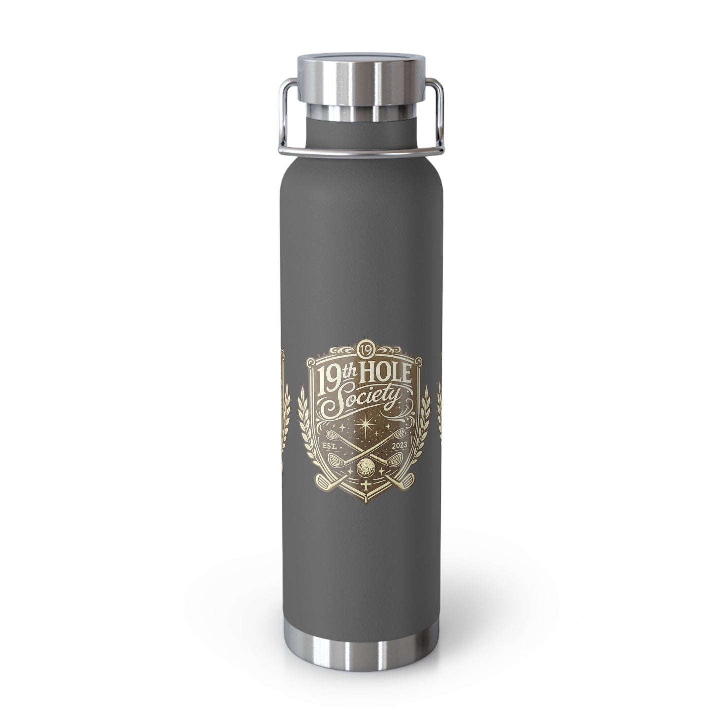 19th Hole Society Insulated Water Bottle | Bronze Crest Golf Flask | Premium Stainless Steel Drinkware - SJM Print Store