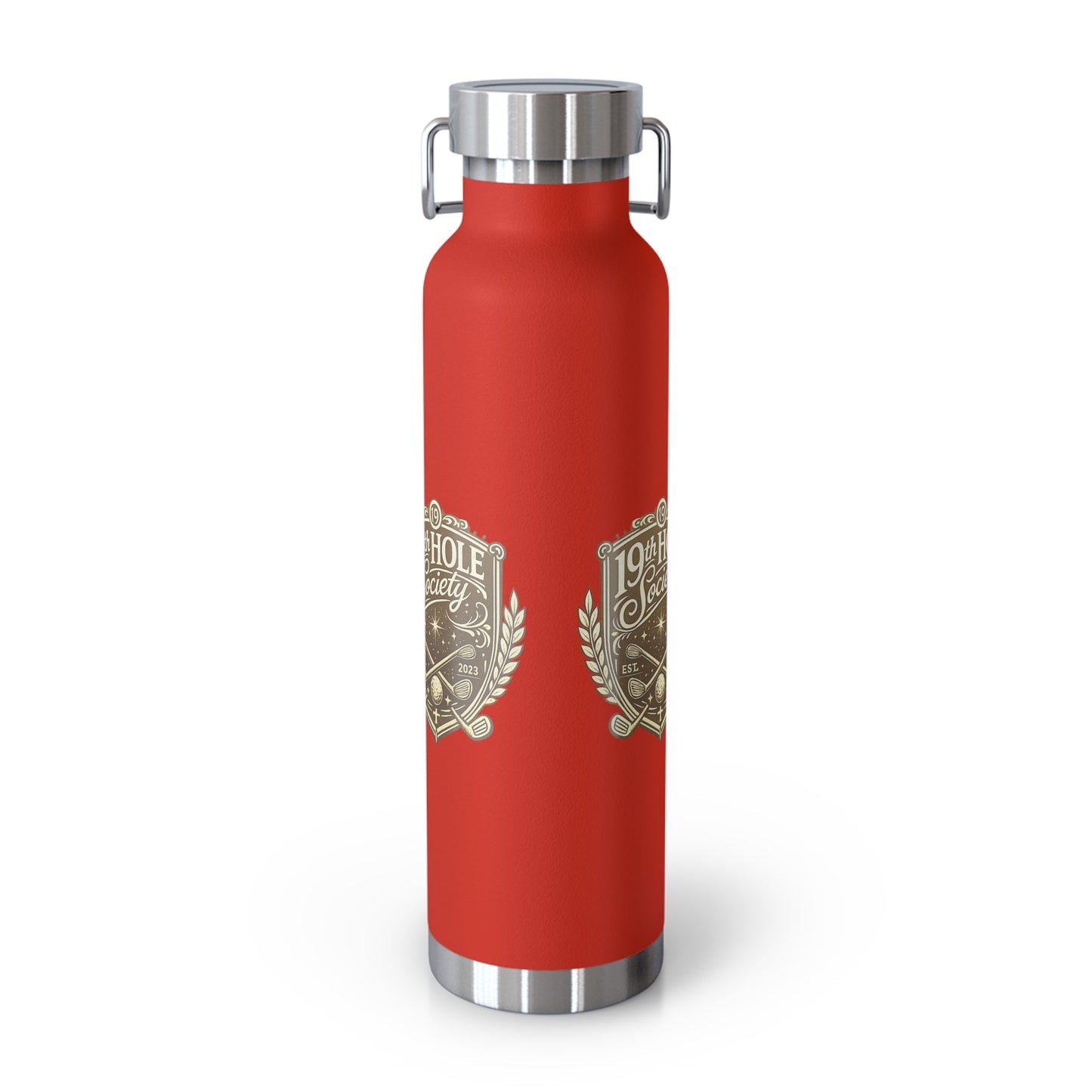 19th Hole Society Insulated Water Bottle | Bronze Crest Golf Flask | Premium Stainless Steel Drinkware - SJM Print Store