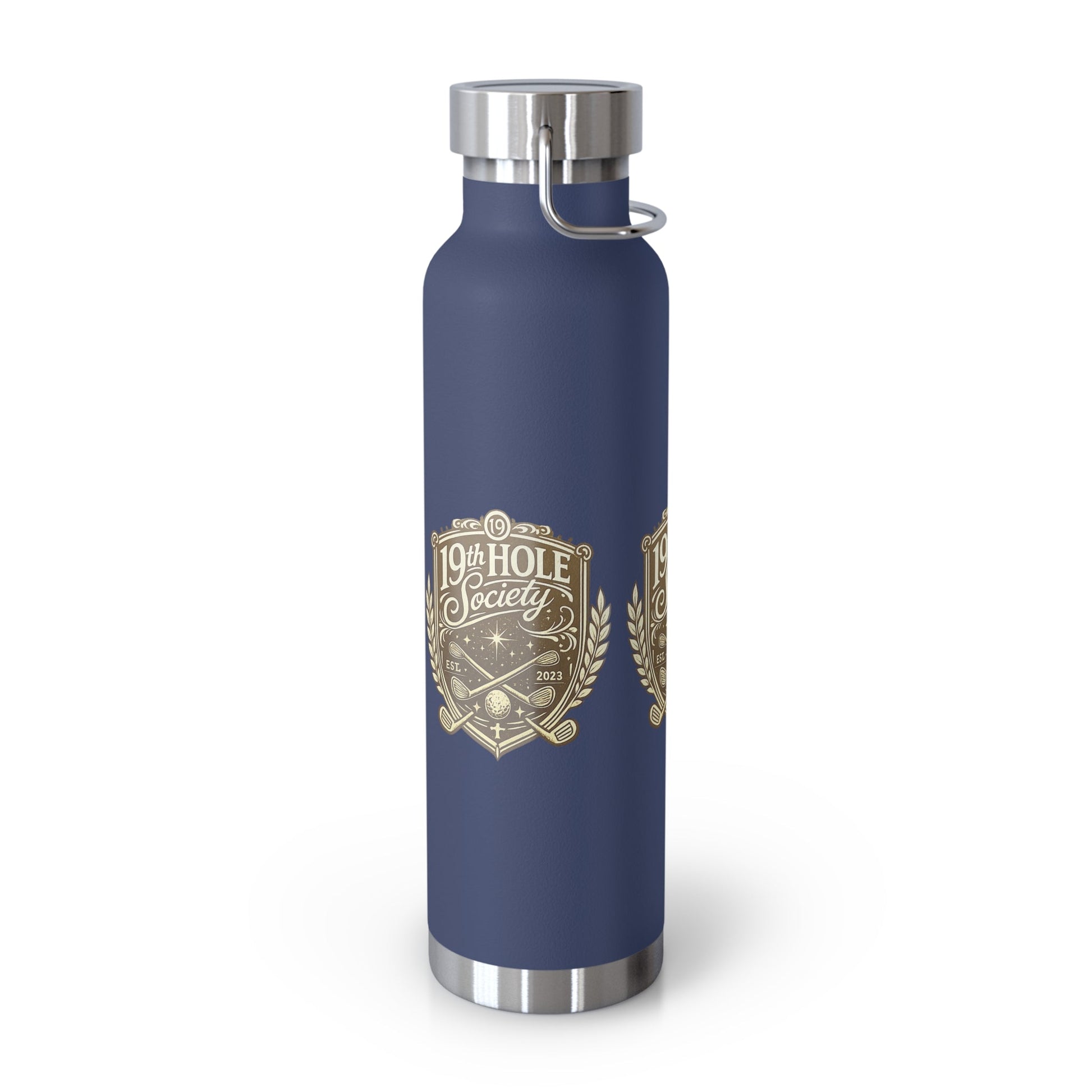 19th Hole Society Insulated Water Bottle | Bronze Crest Golf Flask | Premium Stainless Steel Drinkware - SJM Print Store