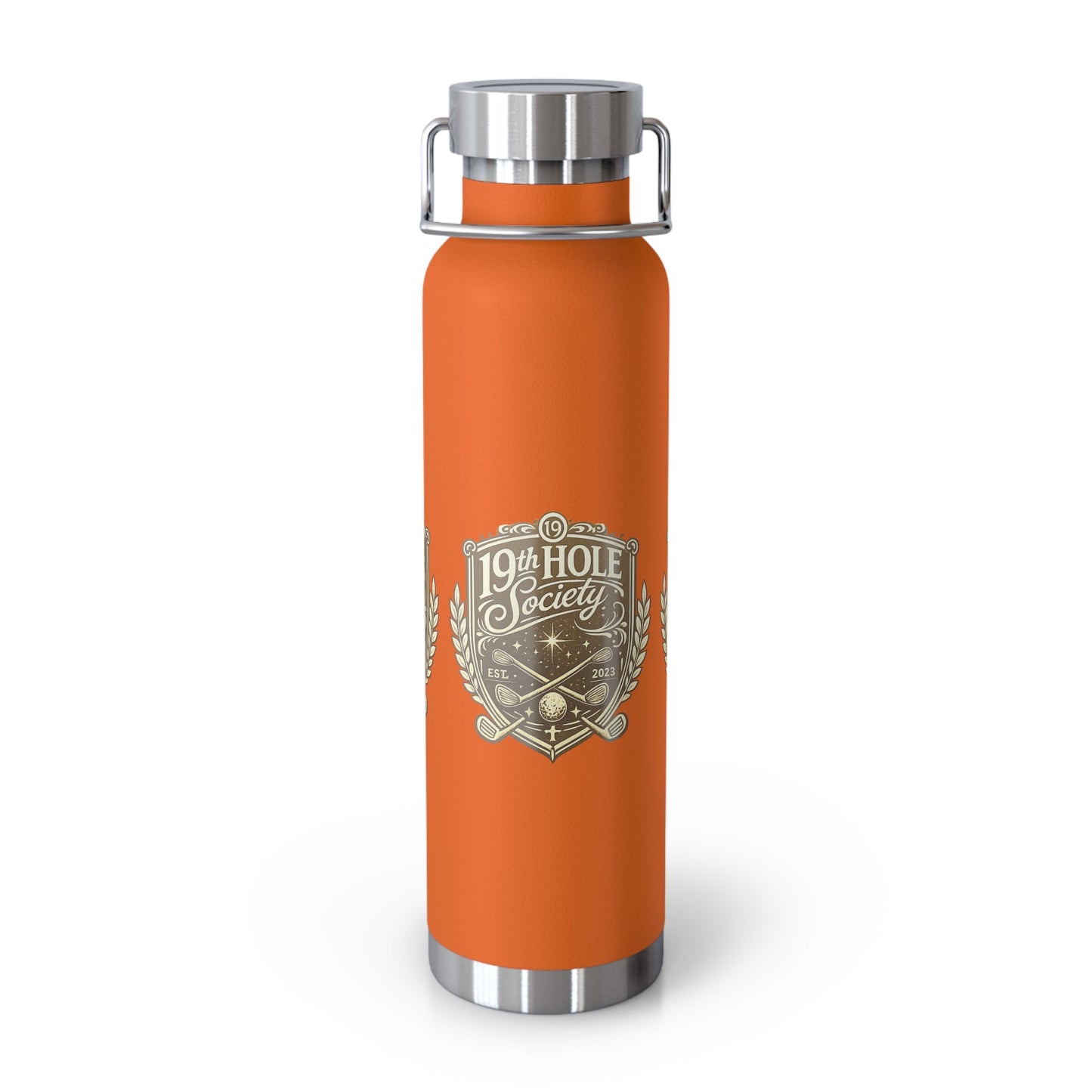 19th Hole Society Insulated Water Bottle | Bronze Crest Golf Flask | Premium Stainless Steel Drinkware - SJM Print Store