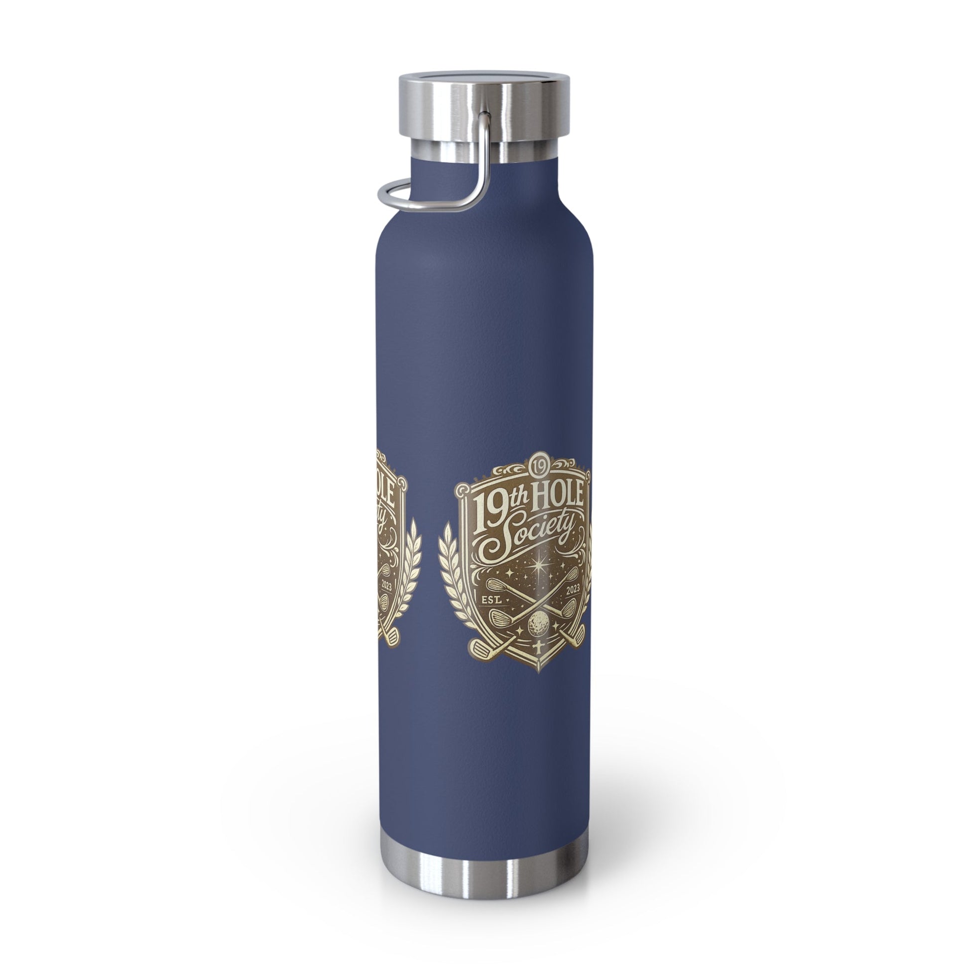 19th Hole Society Insulated Water Bottle | Bronze Crest Golf Flask | Premium Stainless Steel Drinkware - SJM Print Store