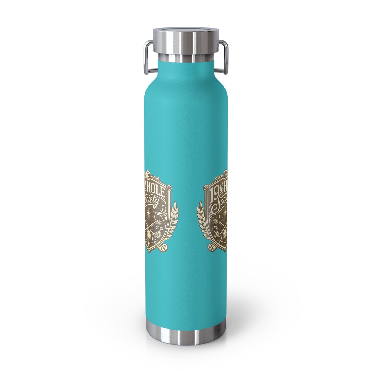 19th Hole Society Insulated Water Bottle | Bronze Crest Golf Flask | Premium Stainless Steel Drinkware - SJM Print Store