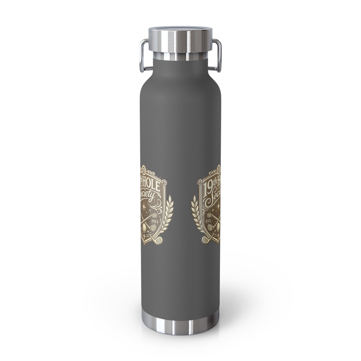 19th Hole Society Insulated Water Bottle | Bronze Crest Golf Flask | Premium Stainless Steel Drinkware - SJM Print Store