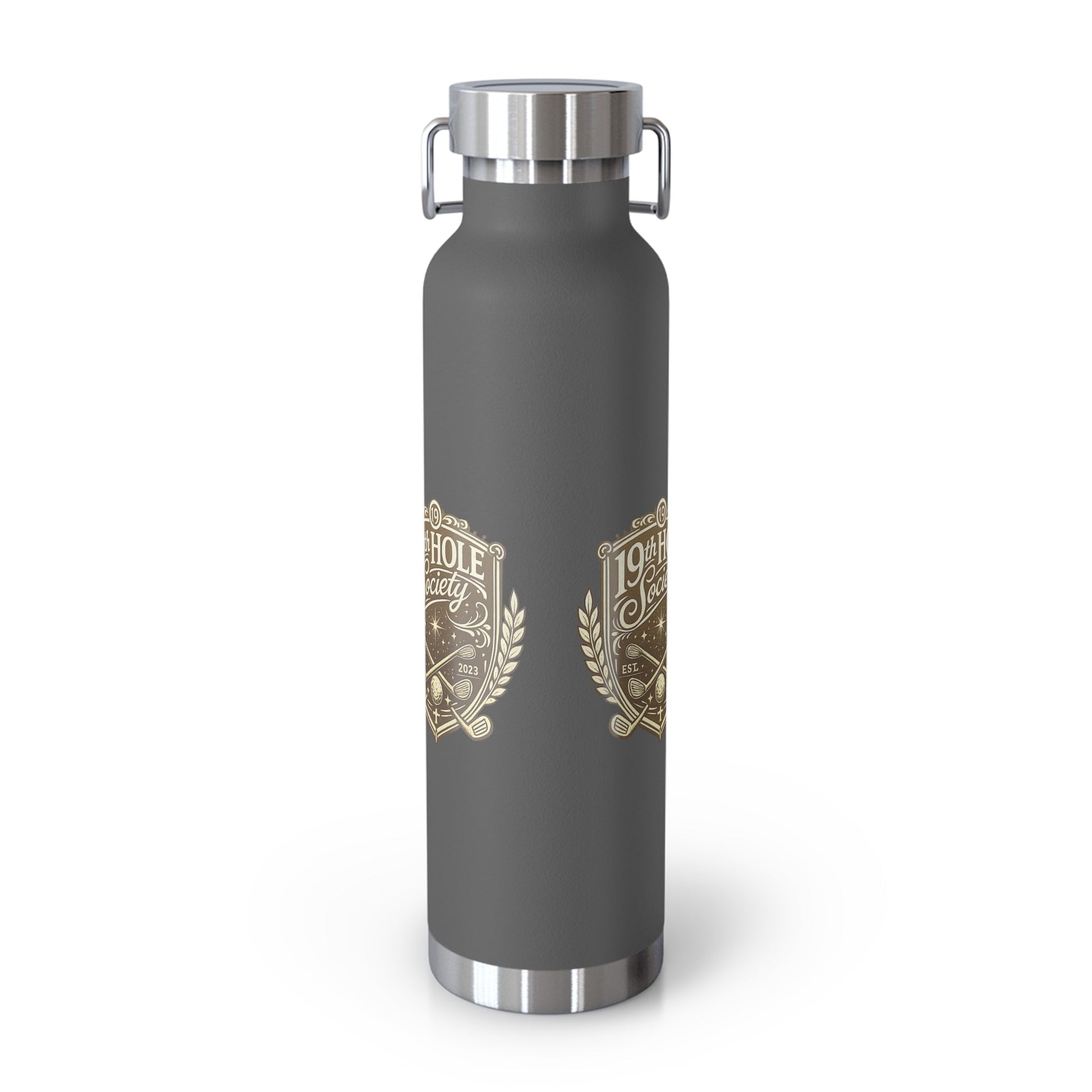 19th Hole Society Insulated Water Bottle | Bronze Crest Golf Flask | Premium Stainless Steel Drinkware - SJM Print Store