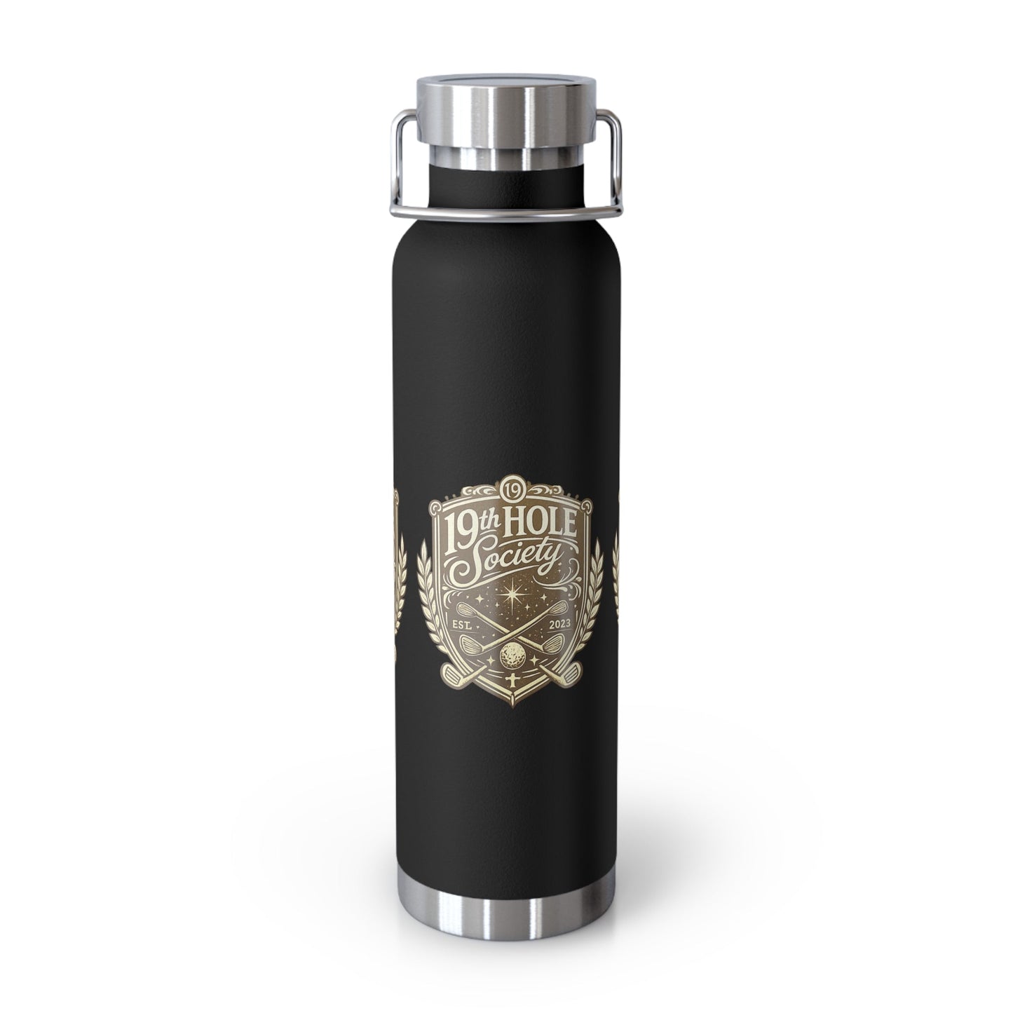 19th Hole Society Insulated Water Bottle | Bronze Crest Golf Flask | Premium Stainless Steel Drinkware - SJM Print Store