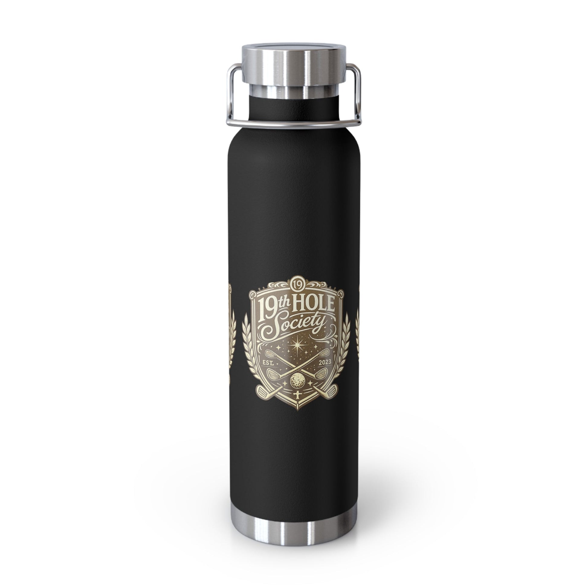 19th Hole Society Insulated Water Bottle | Bronze Crest Golf Flask | Premium Stainless Steel Drinkware - SJM Print Store