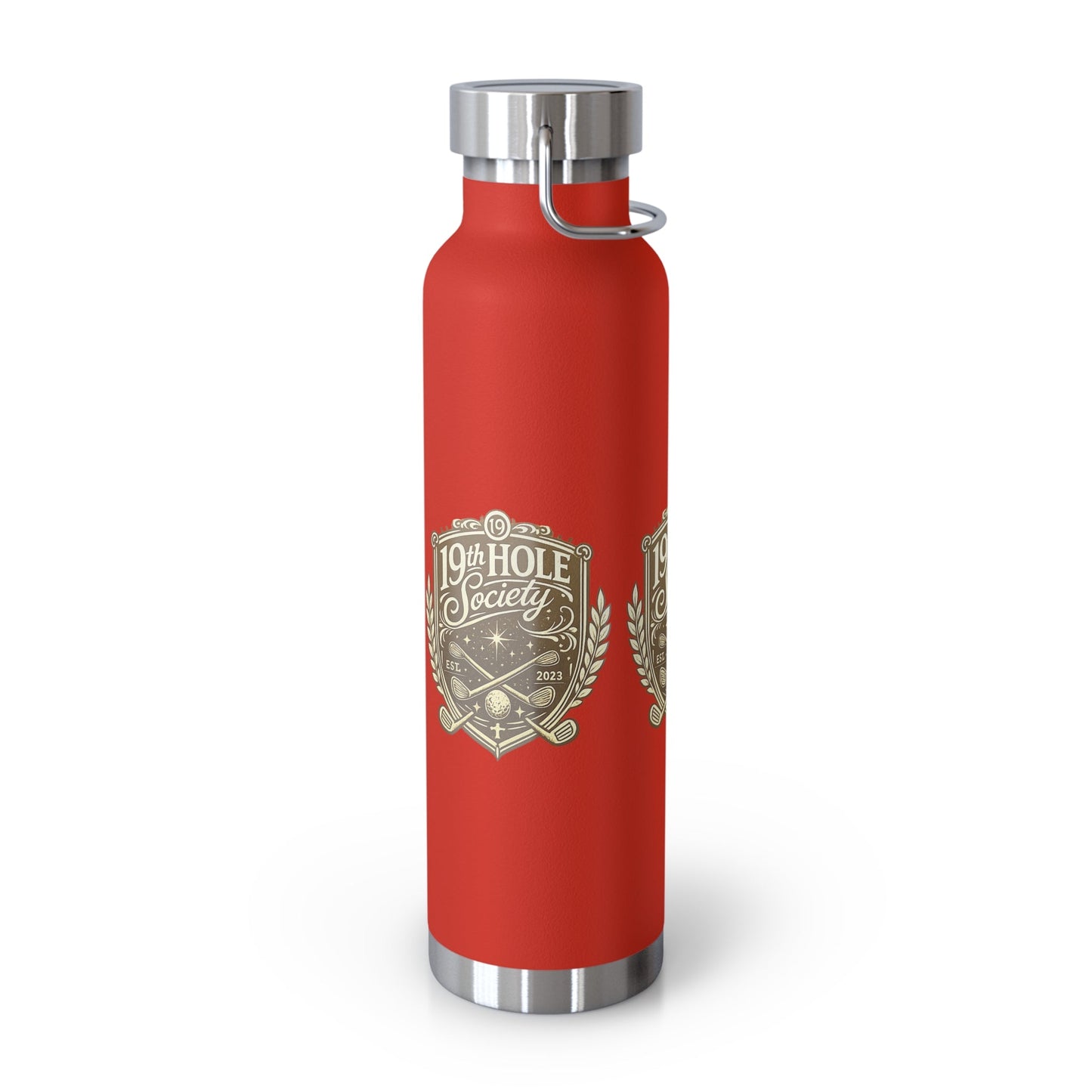 19th Hole Society Insulated Water Bottle | Bronze Crest Golf Flask | Premium Stainless Steel Drinkware - SJM Print Store