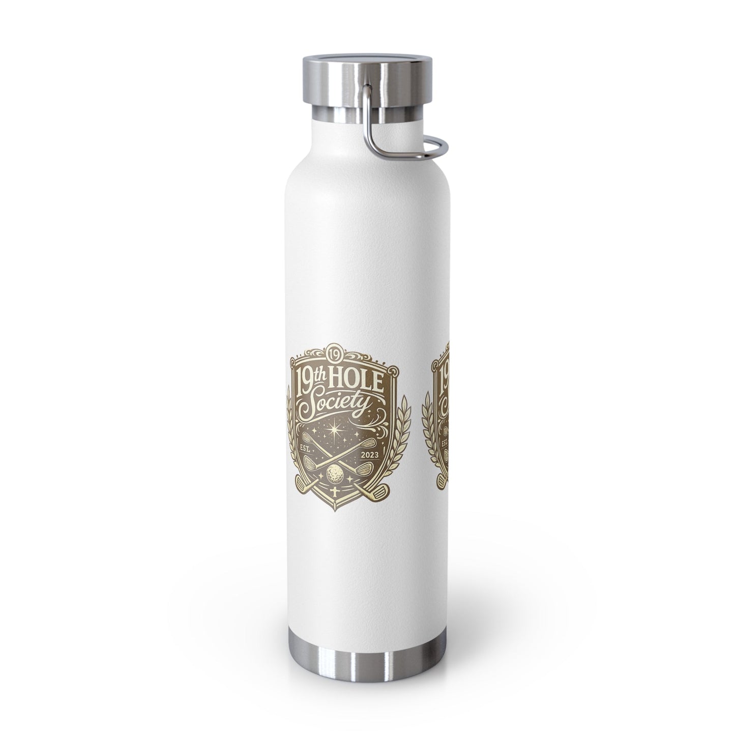 19th Hole Society Insulated Water Bottle | Bronze Crest Golf Flask | Premium Stainless Steel Drinkware - SJM Print Store