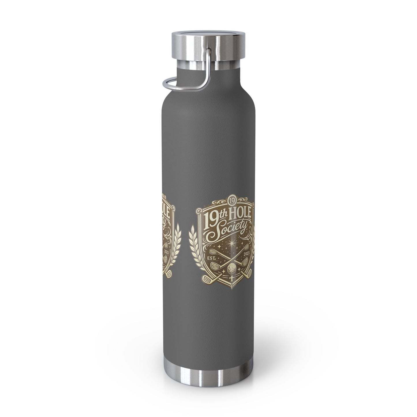 19th Hole Society Insulated Water Bottle | Bronze Crest Golf Flask | Premium Stainless Steel Drinkware - SJM Print Store