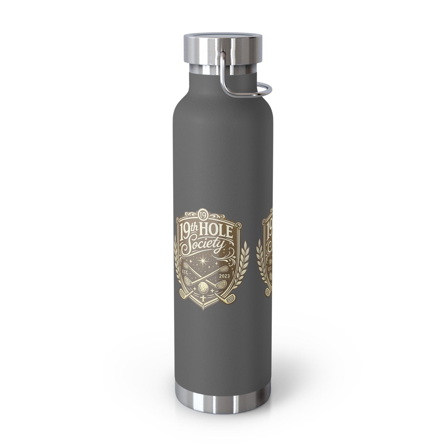 19th Hole Society Insulated Water Bottle | Bronze Crest Golf Flask | Premium Stainless Steel Drinkware - SJM Print Store