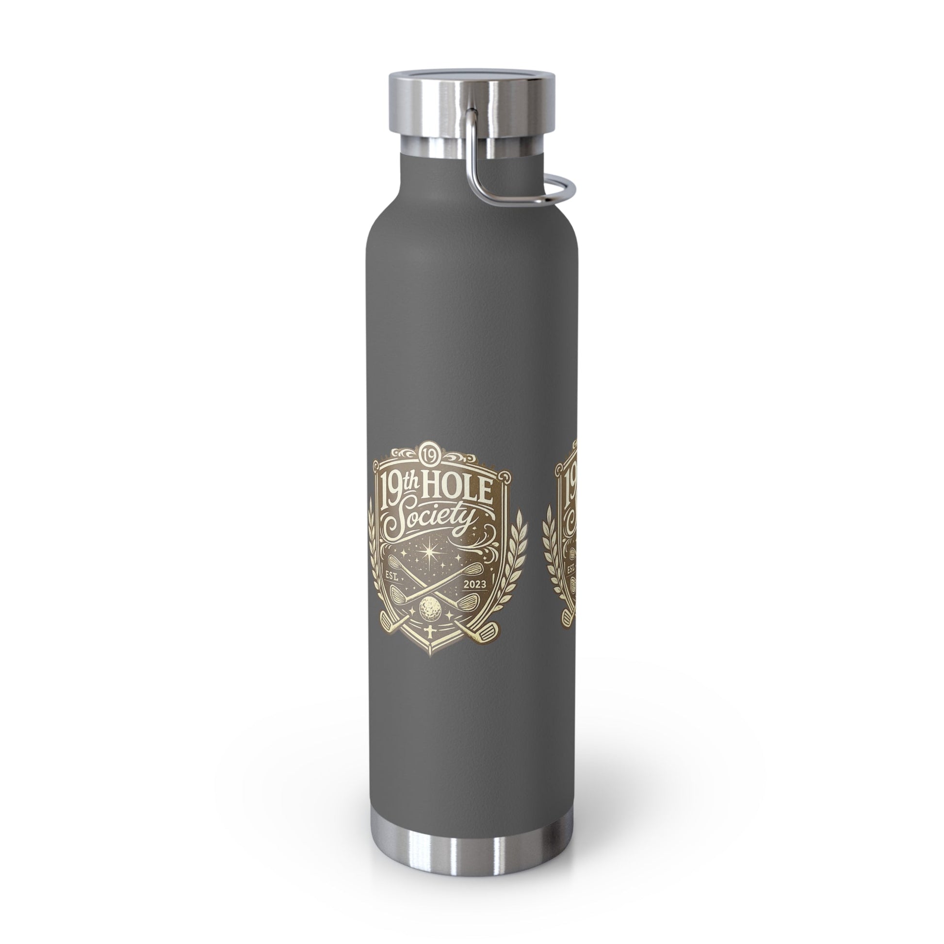 19th Hole Society Insulated Water Bottle | Bronze Crest Golf Flask | Premium Stainless Steel Drinkware - SJM Print Store