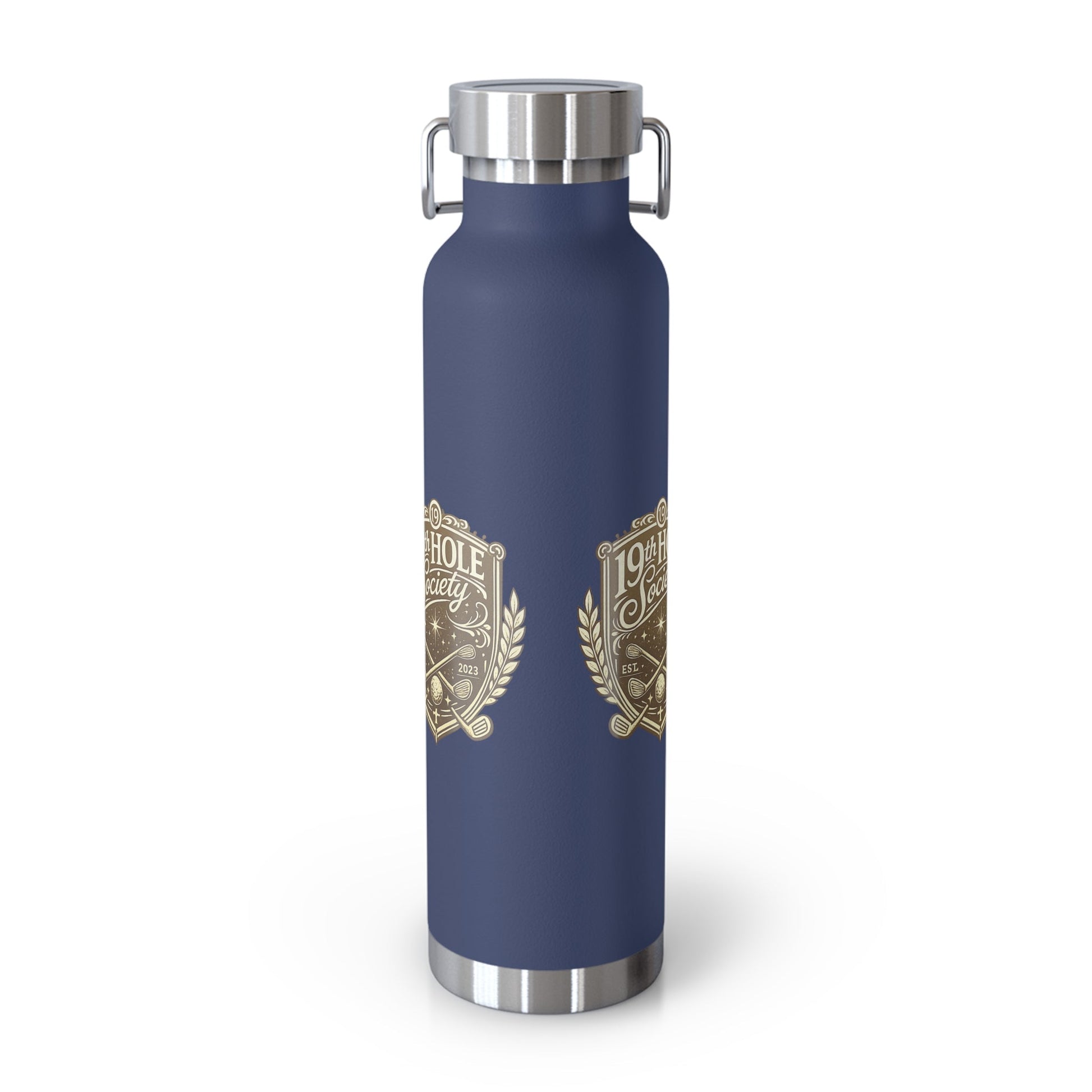 19th Hole Society Insulated Water Bottle | Bronze Crest Golf Flask | Premium Stainless Steel Drinkware - SJM Print Store