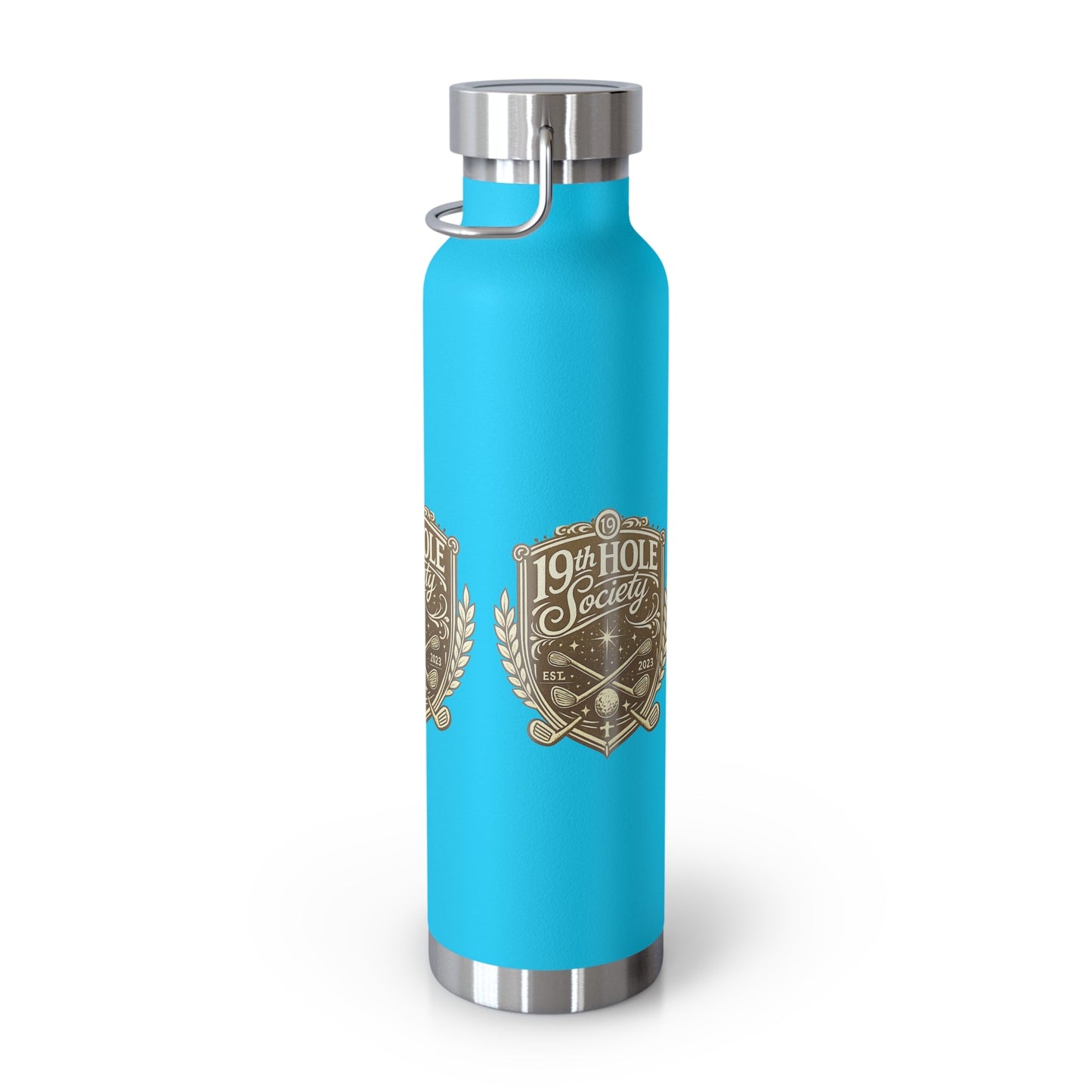 19th Hole Society Insulated Water Bottle | Bronze Crest Golf Flask | Premium Stainless Steel Drinkware - SJM Print Store