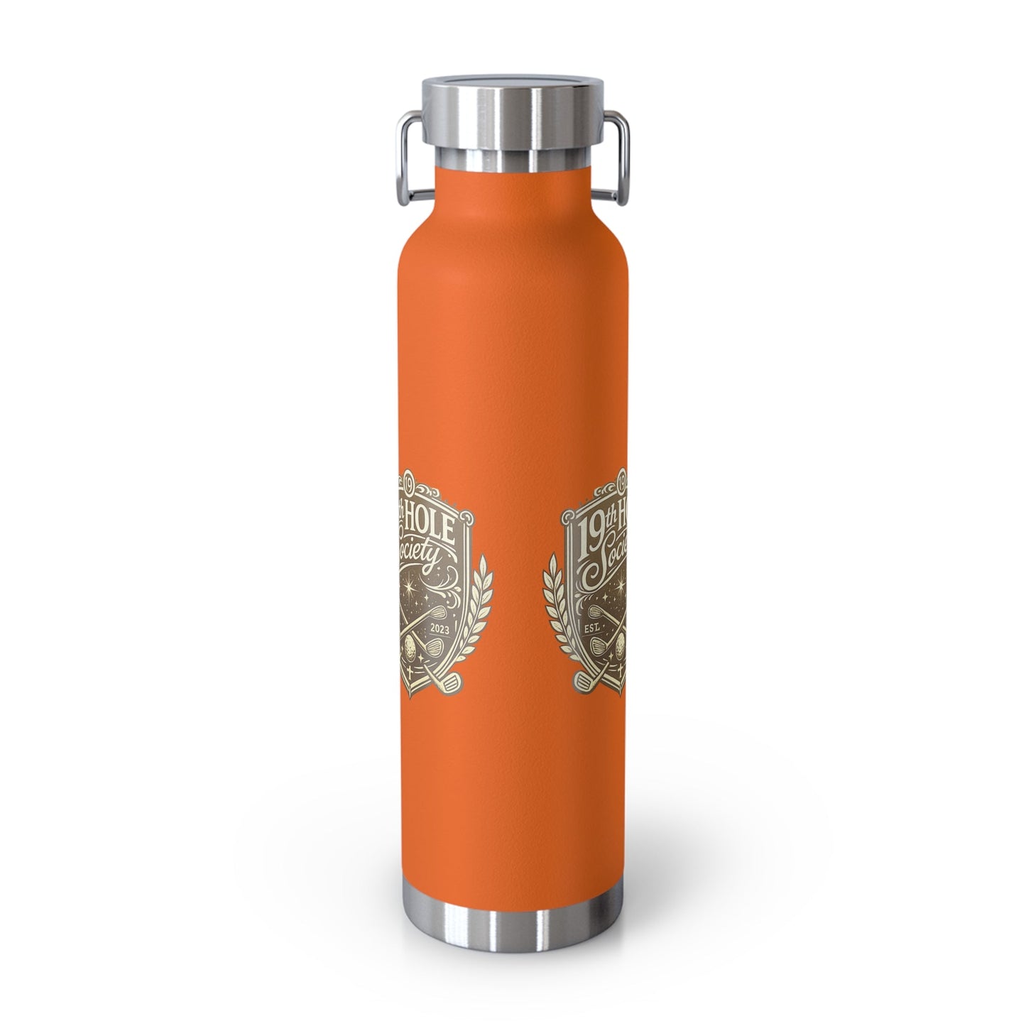 19th Hole Society Insulated Water Bottle | Bronze Crest Golf Flask | Premium Stainless Steel Drinkware - SJM Print Store