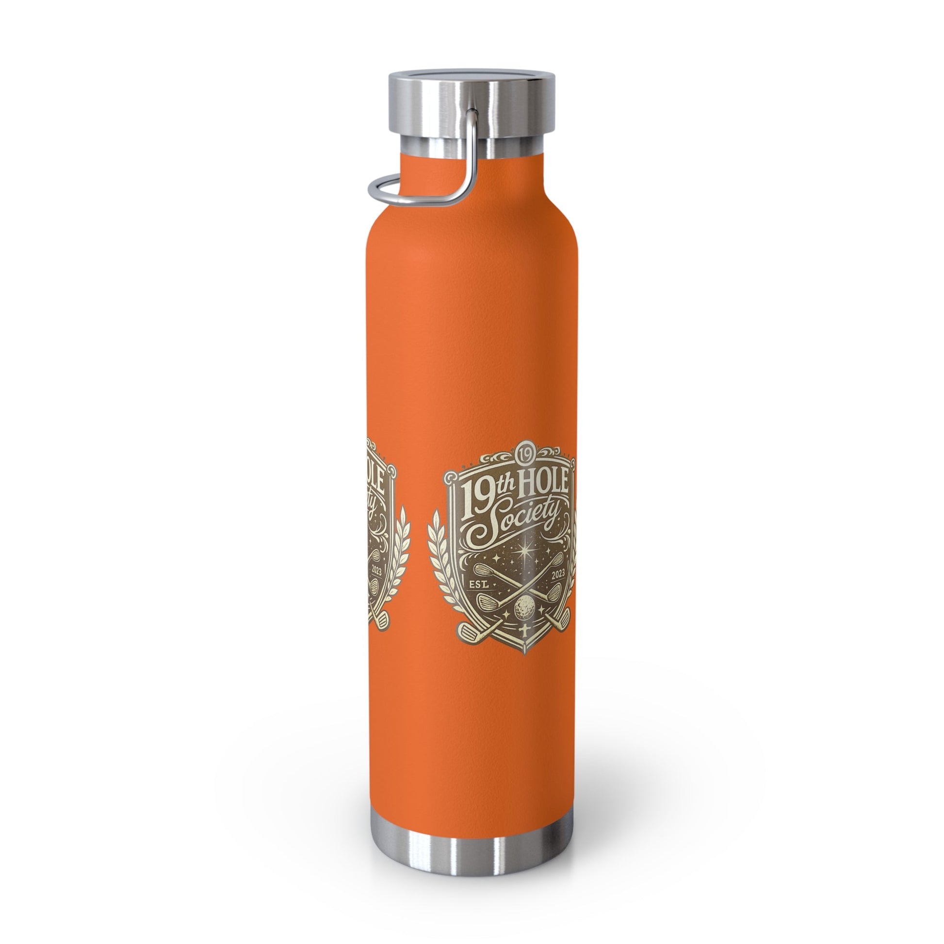 19th Hole Society Insulated Water Bottle | Bronze Crest Golf Flask | Premium Stainless Steel Drinkware - SJM Print Store