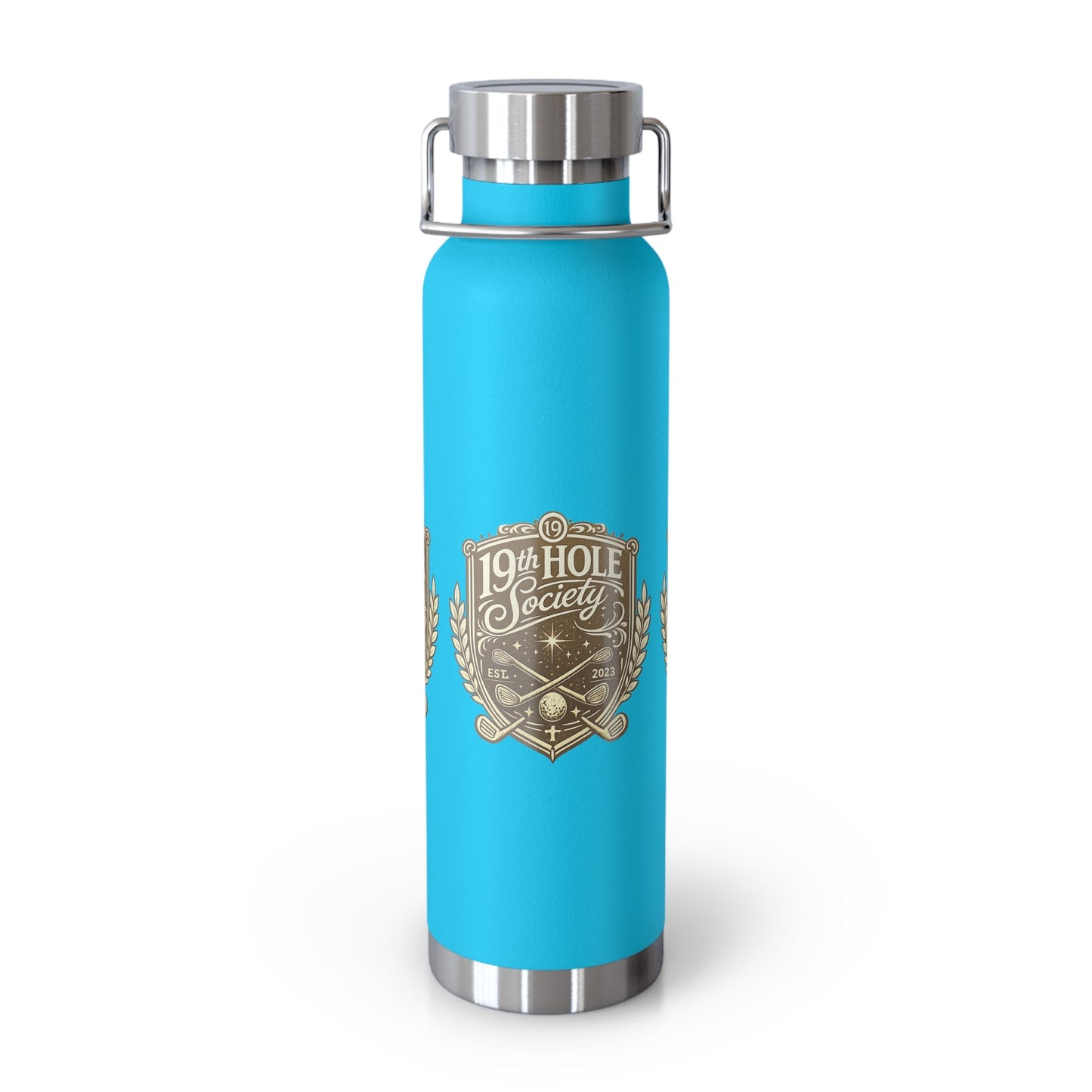 19th Hole Society Insulated Water Bottle | Bronze Crest Golf Flask | Premium Stainless Steel Drinkware - SJM Print Store