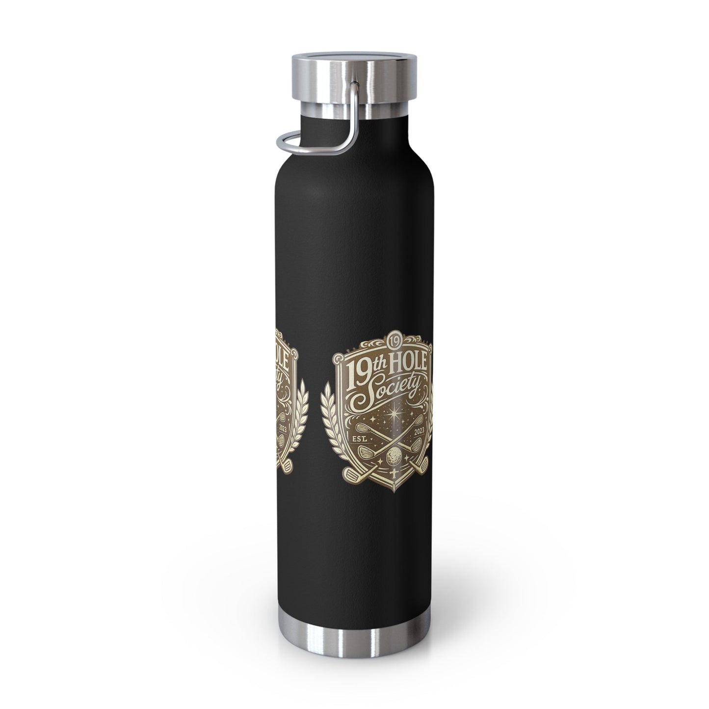19th Hole Society Insulated Water Bottle | Bronze Crest Golf Flask | Premium Stainless Steel Drinkware - SJM Print Store