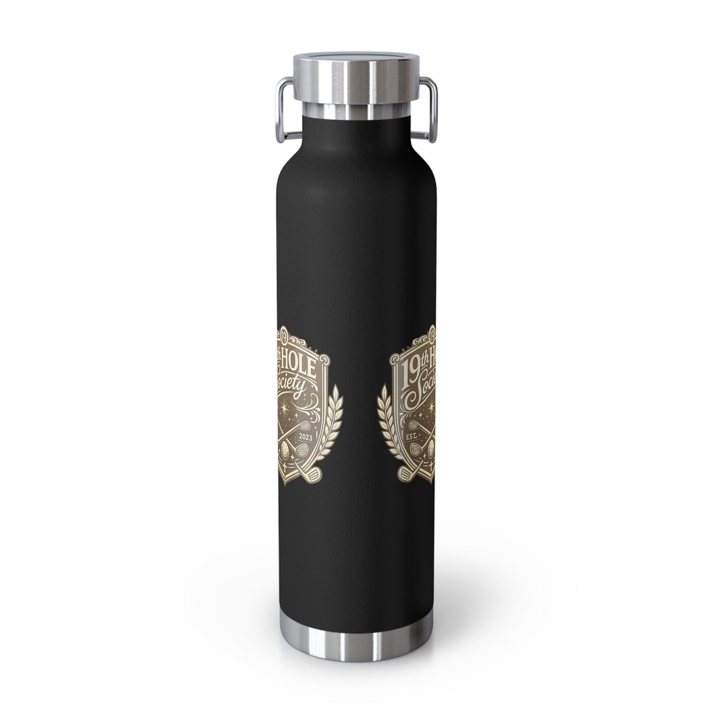 19th Hole Society Insulated Water Bottle | Bronze Crest Golf Flask | Premium Stainless Steel Drinkware - SJM Print Store