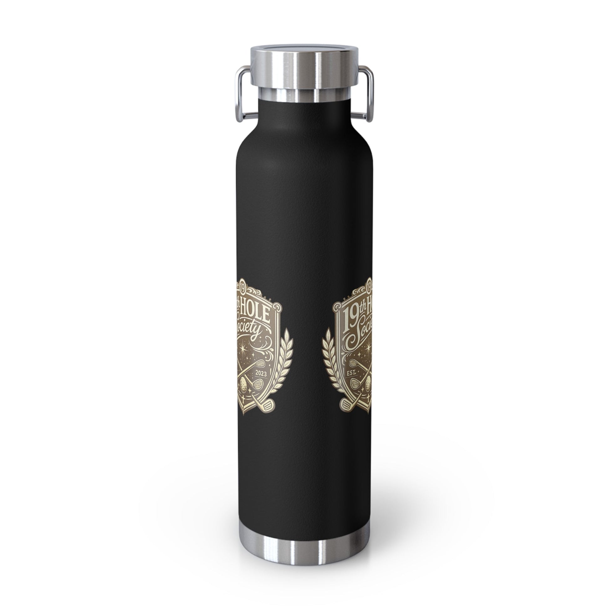 19th Hole Society Insulated Water Bottle | Bronze Crest Golf Flask | Premium Stainless Steel Drinkware - SJM Print Store