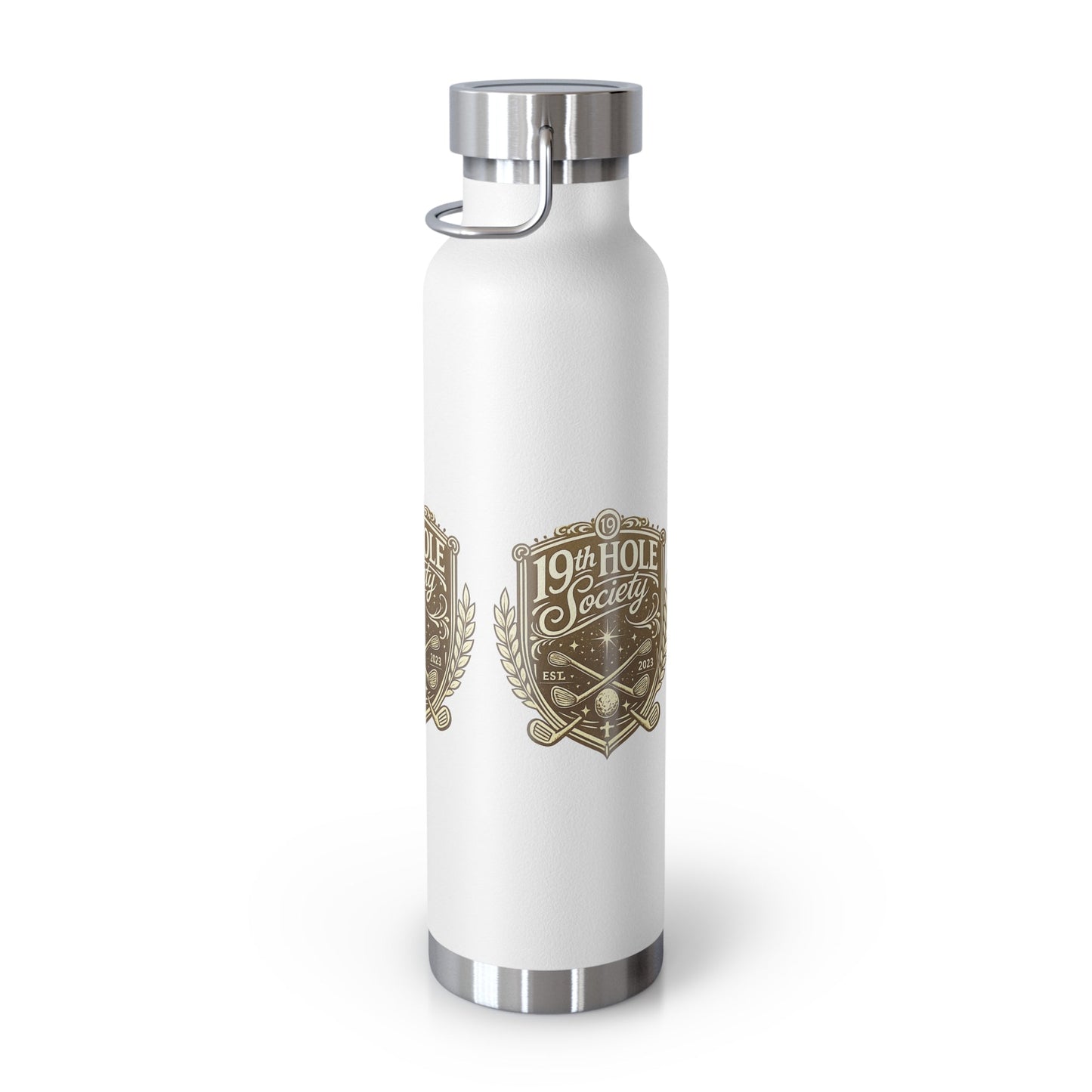 19th Hole Society Insulated Water Bottle | Bronze Crest Golf Flask | Premium Stainless Steel Drinkware - SJM Print Store