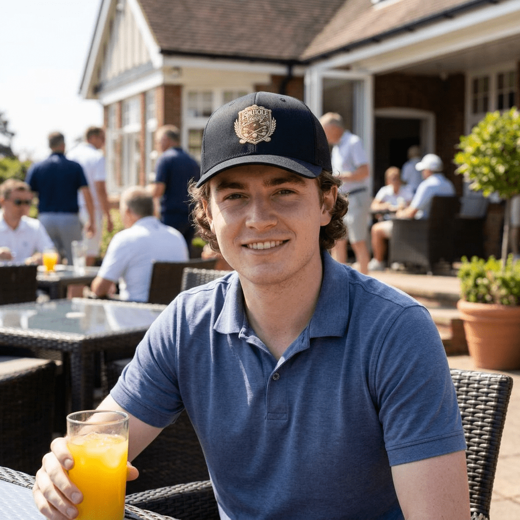 19th Hole Society Trucker Cap | Premium Golf Snapback Hat | Bronze Crest Design - SJM Print Store