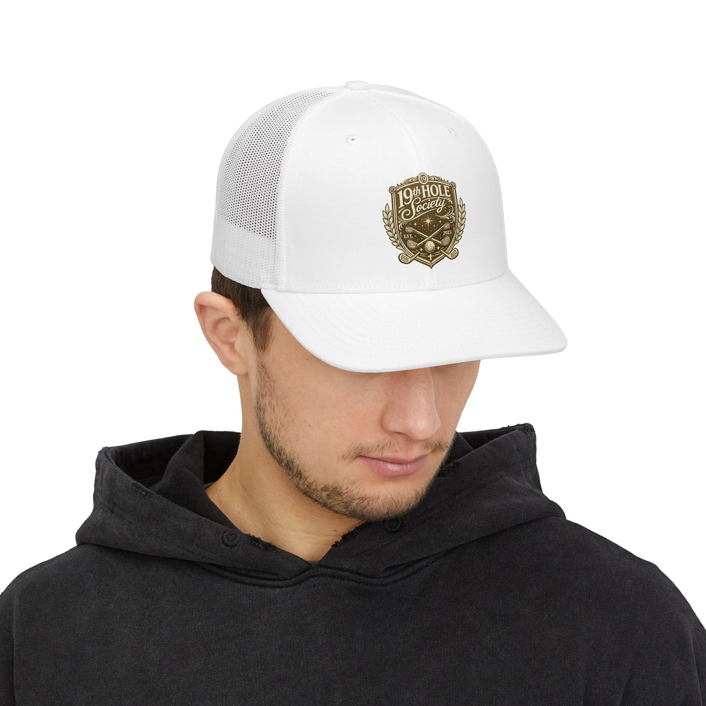 19th Hole Society Trucker Cap | Premium Golf Snapback Hat | Bronze Crest Design - SJM Print Store