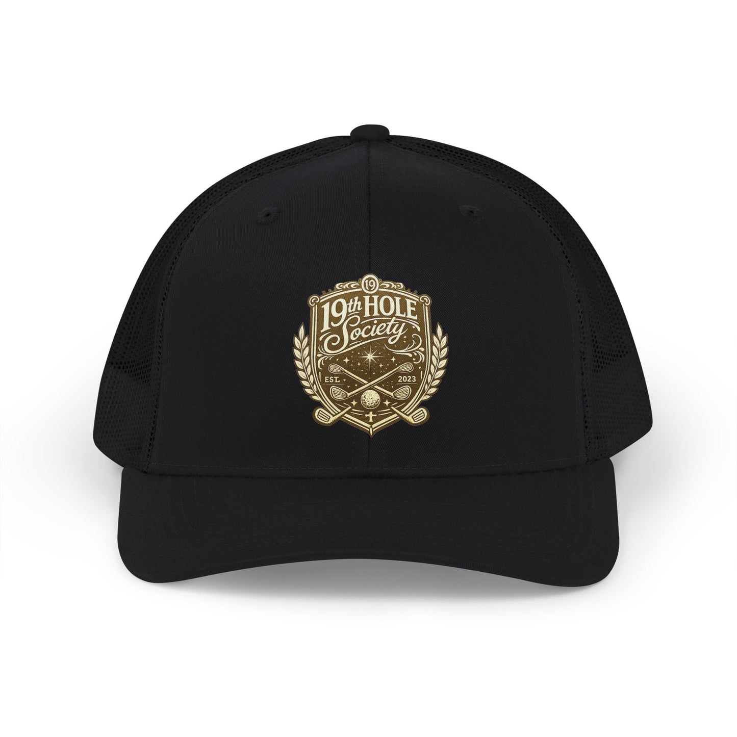 19th Hole Society Trucker Cap | Premium Golf Snapback Hat | Bronze Crest Design - SJM Print Store