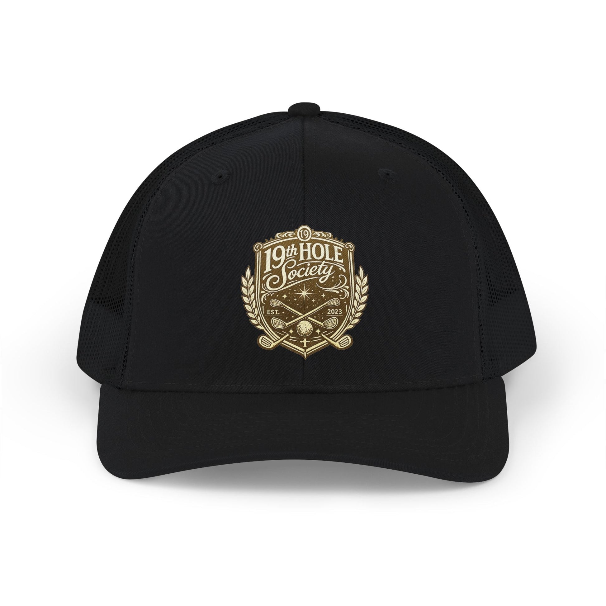 19th Hole Society Trucker Cap | Premium Golf Snapback Hat | Bronze Crest Design - SJM Print Store
