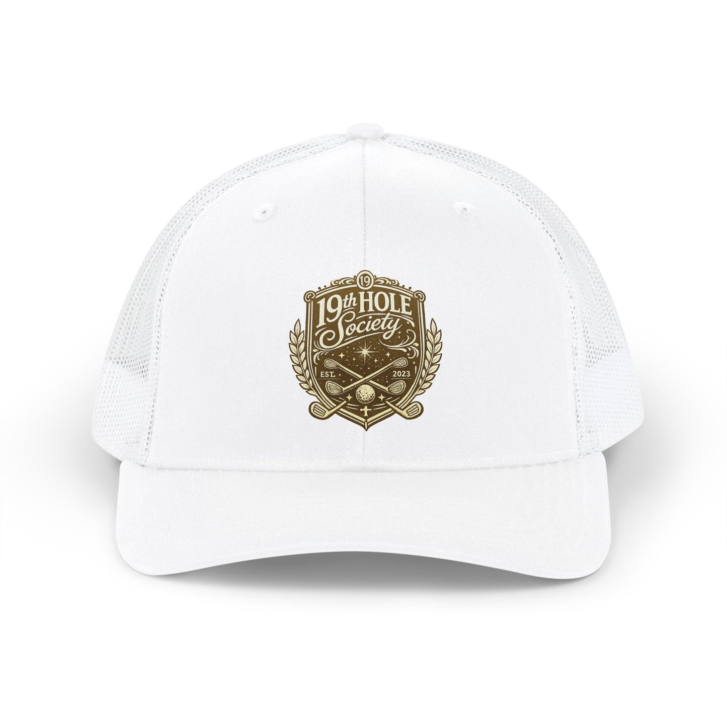 19th Hole Society Trucker Cap | Premium Golf Snapback Hat | Bronze Crest Design - SJM Print Store
