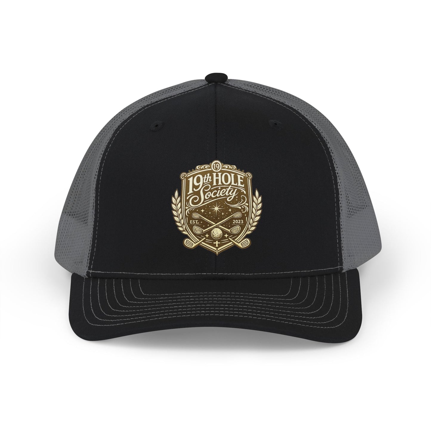 19th Hole Society Trucker Cap | Premium Golf Snapback Hat | Bronze Crest Design - SJM Print Store