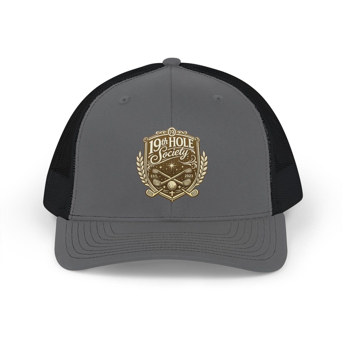 19th Hole Society Trucker Cap | Premium Golf Snapback Hat | Bronze Crest Design - SJM Print Store