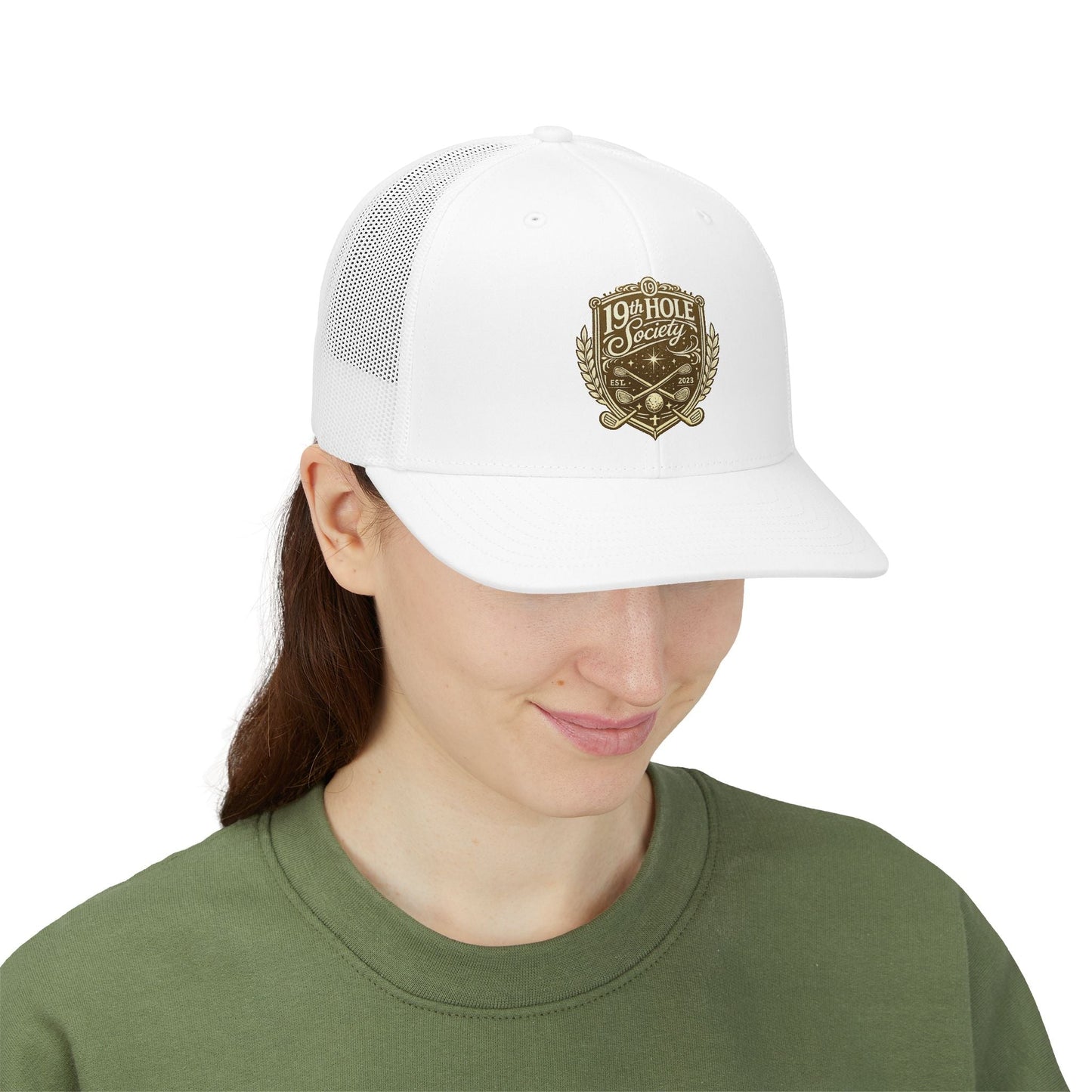 19th Hole Society Trucker Cap | Premium Golf Snapback Hat | Bronze Crest Design - SJM Print Store