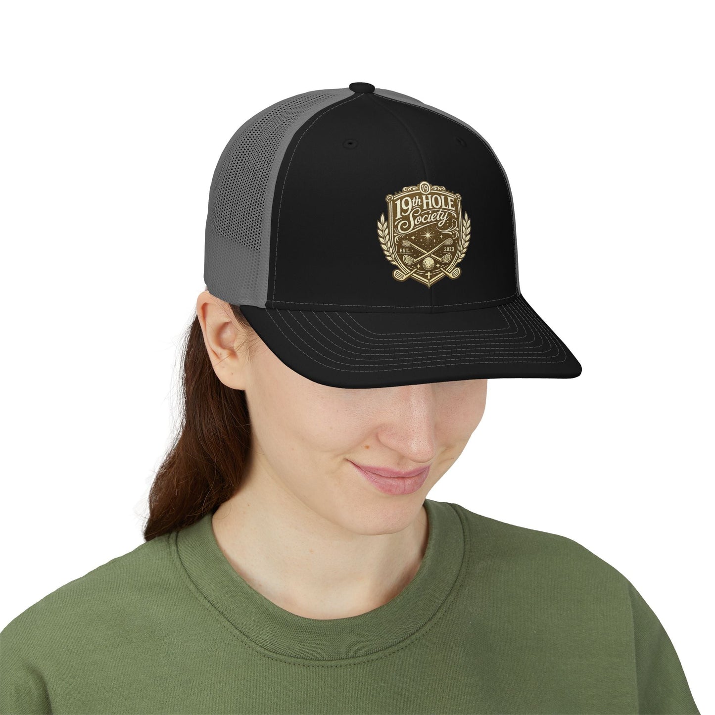 19th Hole Society Trucker Cap | Premium Golf Snapback Hat | Bronze Crest Design - SJM Print Store