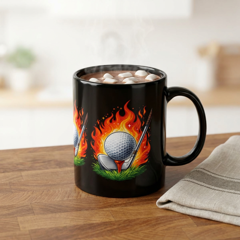 Mug Noir Balle de Golf Enflammée Golfeur Tasse Design Tee de Golf Feu
