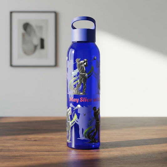Trinkflasche mit Golfer-Grafik und frechem Warnhinweis