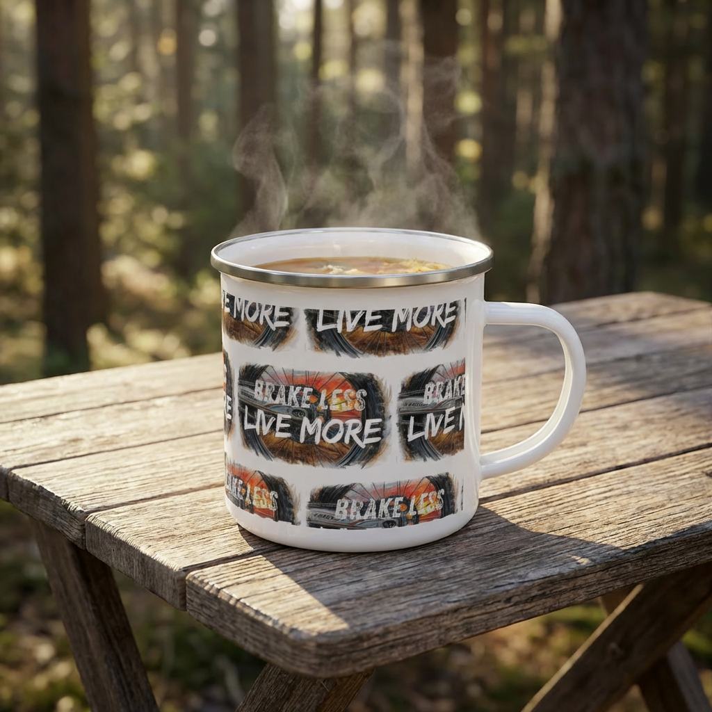 Tasse émaillée « Freine moins vis plus » pour les passionnés de moto tout-terrain