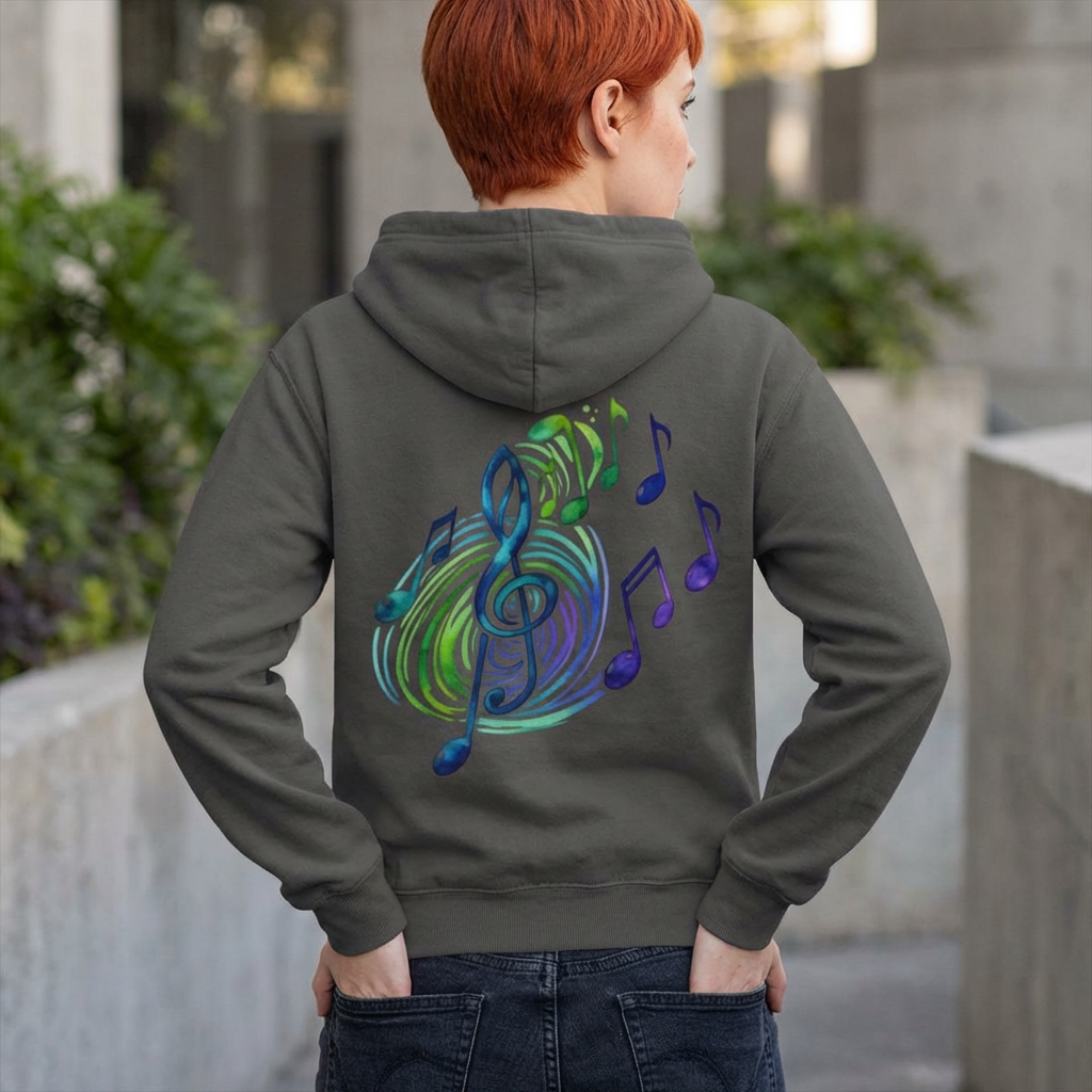 Sweat à capuche zippé Notes de musique clé de sol – Motif unique sur la poitrine et dans le dos