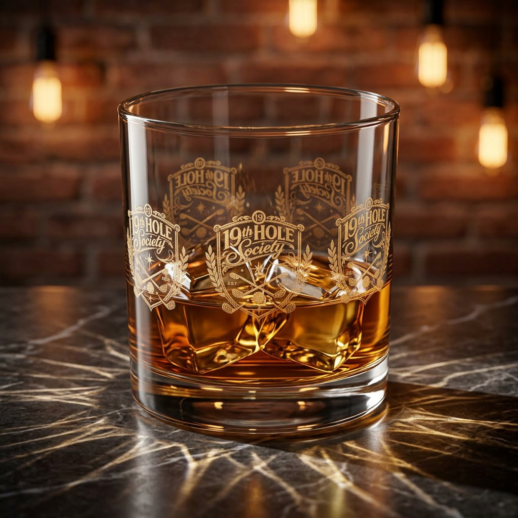19th Hole Society Golf Glass Tumbler | Premium Clubhouse Drinkware | Cream Crest Design