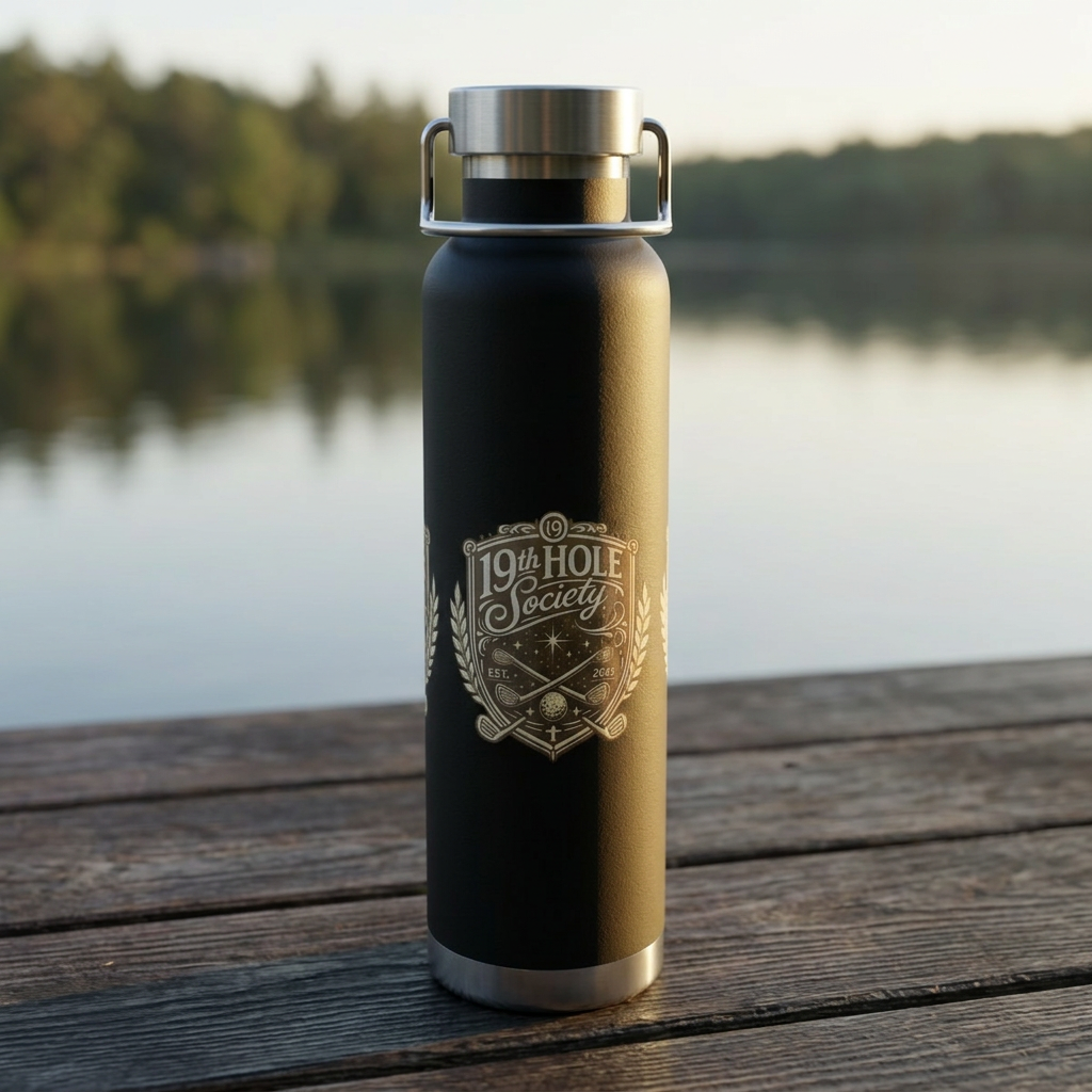 19th Hole Society Insulated Water Bottle | Bronze Crest Golf Flask | Premium Stainless Steel Drinkware