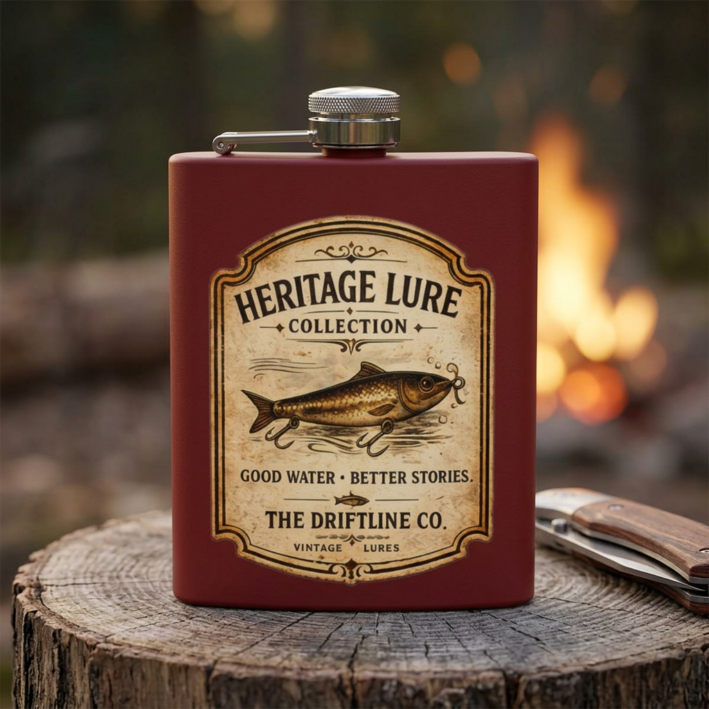 Heritage Lure Collection Hip Flask | Vintage Fishing Stainless Steel Flask | The Driftline Company