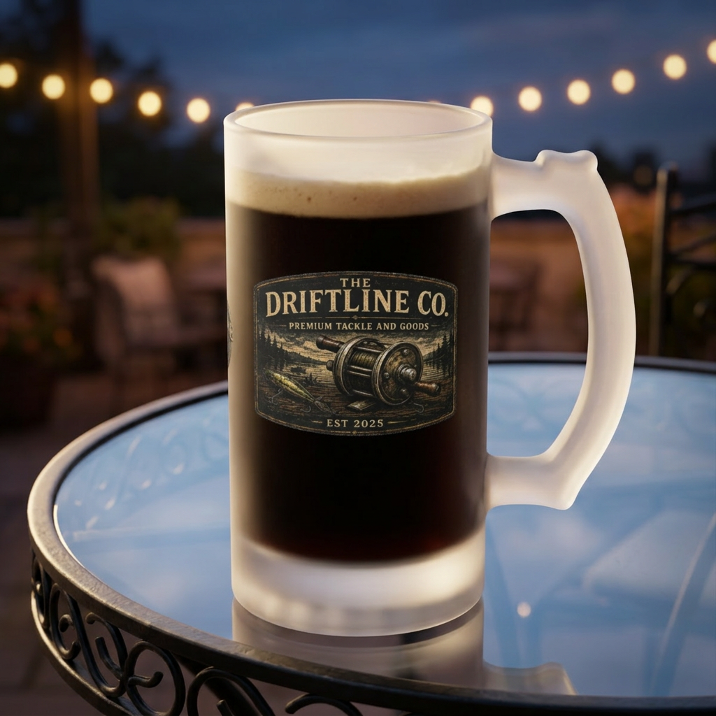 The Driftline Company Premium Tackle & Goods Frosted Glass Tankard | Fishing Beer Mug