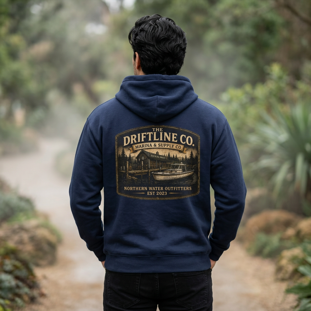 The Driftline Company Marina & Supply Co. Northern Water Outfitters Premium Hoodie | Fishing & Boating Hoodie
