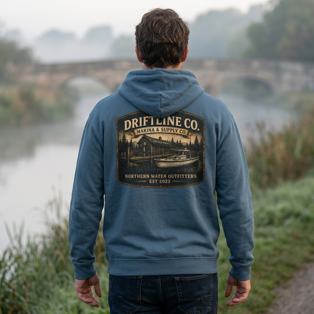 The Driftline Company Marina & Supply Co. Northern Water Outfitters Premium Hoodie | Fishing & Boating Hoodie