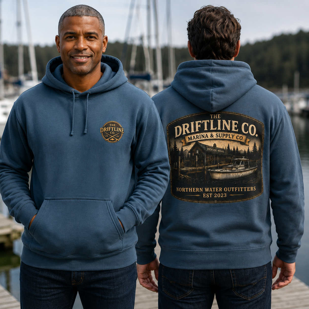 The Driftline Company Marina & Supply Co. Northern Water Outfitters Premium Hoodie | Fishing & Boating Hoodie