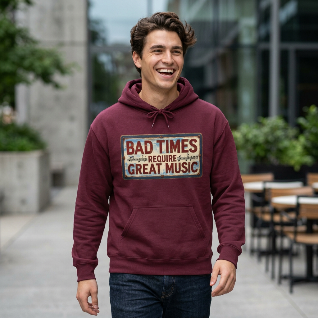Bad Times Require Great Music Hoodie | Vintage Music Lover Hoodie | Unisex Graphic Pullover | Concert & Festival Gift
