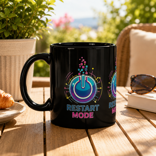 Restart Mode Black Mug | Positive Lifestyle Coffee Mug | Triple Print Ceramic Mug | Work-Life Balance Gift | 11oz Mug