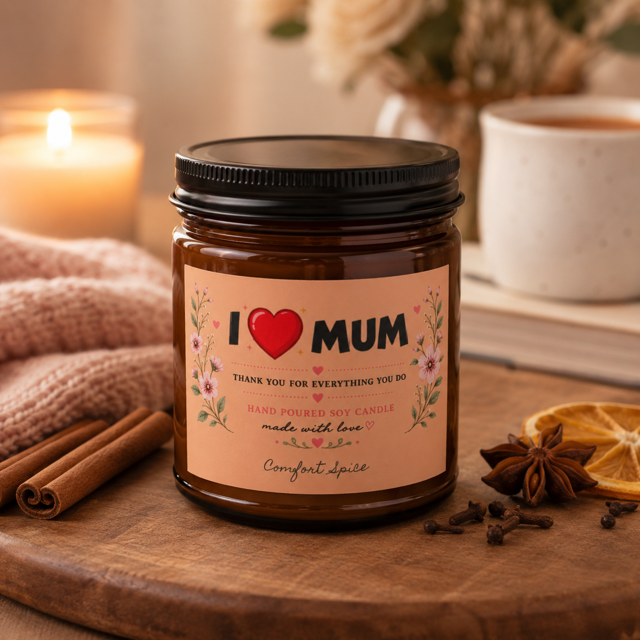 I Love Mum Comfort Spice Soy Candle | Hand Poured Gift for Mum | Cosy Home Fragrance | 4oz & 9oz