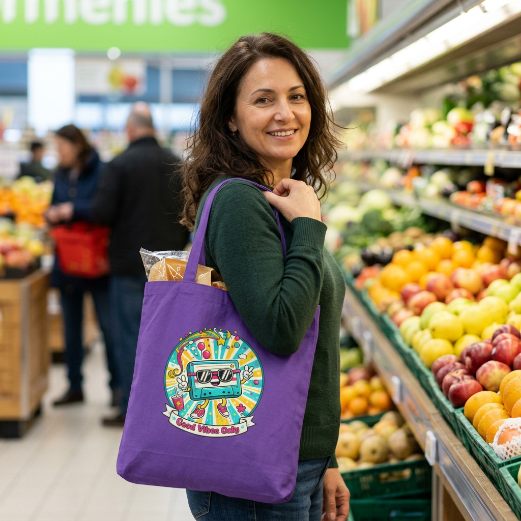 Retro Good Vibes Only Tote Bag | Colourful Cotton Shopping Bag | Reusable Retro Tote | 80s and  90s Inspired Gift