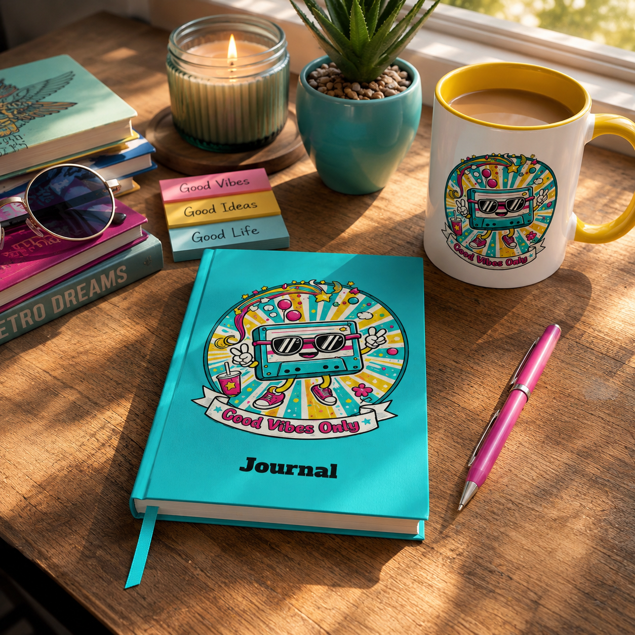 Retro Good Vibes Only Journal | Colourful Hardback Notebook | Retro Cassette Journal | 80s and 90s Inspired Gift